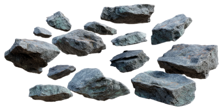 A collection of various sized, dark gray rocks isolated on transparent background