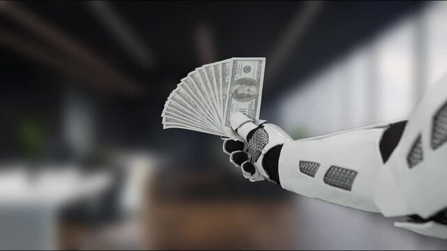 A robotic hand displays a stack of cash in a contemporary office setting, perfectly illustrating the intersection of finance and technology in today's digital age. MZL