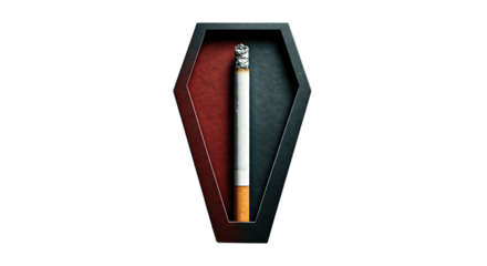 A cigarette with ash in a coffin shaped container on a black background in a studio shot