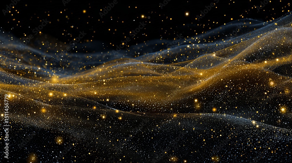 Poster swirling golden particles create a mesmerizing pointillism effect against a dark background with shi