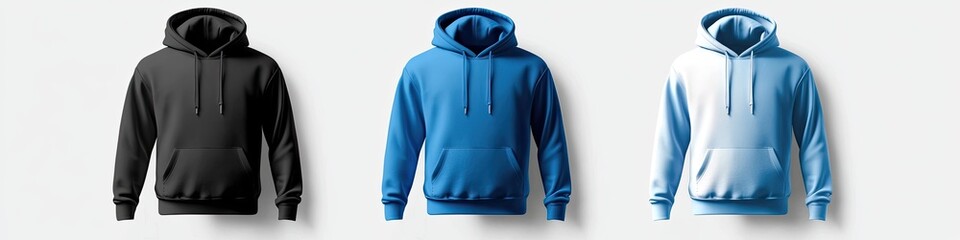 Three blank hoodies in black, blue, and white