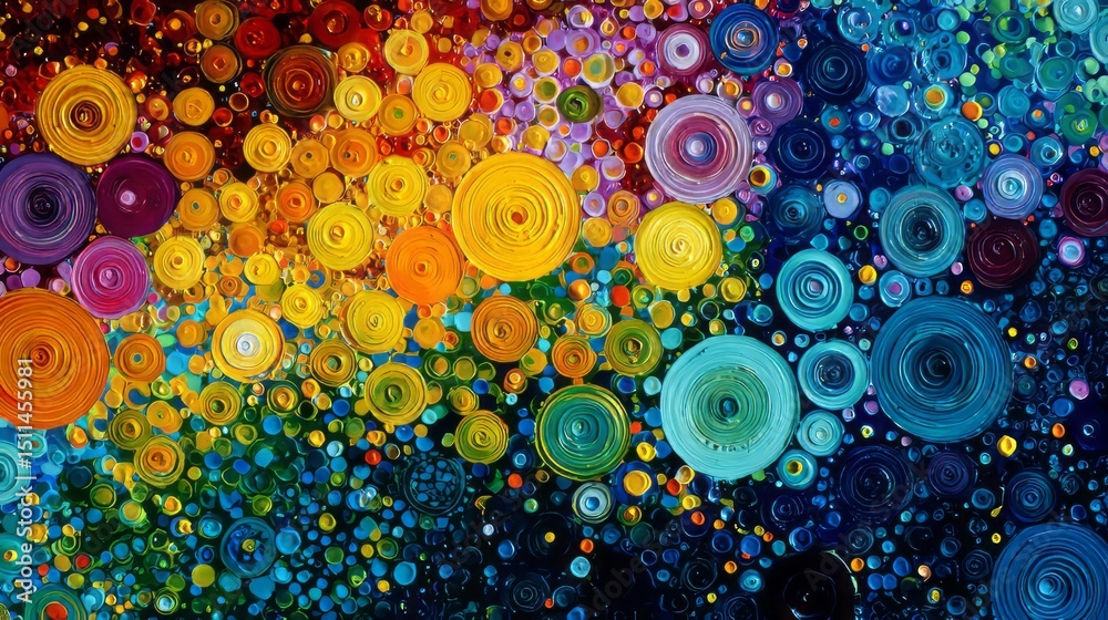 Poster colorful pointillism depicting abstract circular patterns with vibrant hues in a visually dynamic co