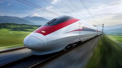 High-Speed Train Passing Through Serene Landscape Near Mountain