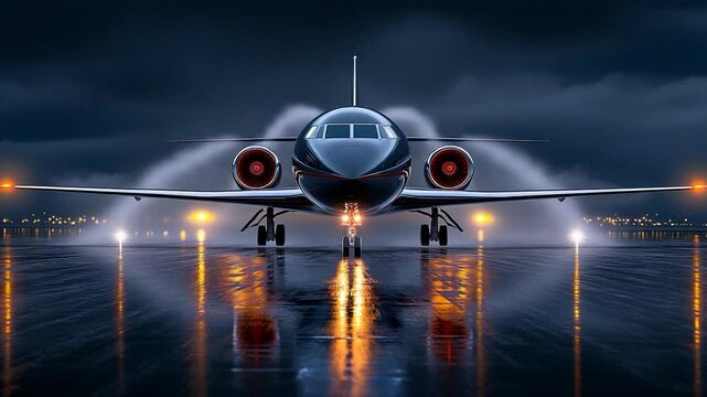 Private Jet on Rainy Night Runway