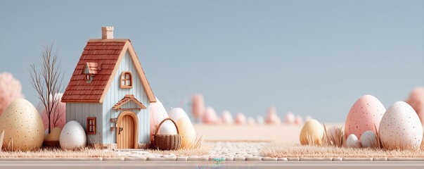 Charming easter egg house spring landscape digital art playful environment front view whimsical concept
