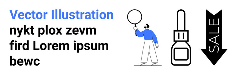 Man holding magnifying glass in exploration pose, cosmetic product bottle highlighted by sale arrow. Ideal for skincare, beauty, retail offers, search, analysis, marketing, simple landing page