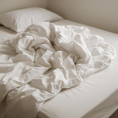 white bed in the bedroom. blankets are crumpled and messy on the bed