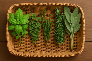 basket of fresh herbs. fresh cooking spices such as basil, oregano, thyme, etc.
