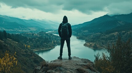 Person Standing on Cliff Overlooking River with Mountains in Background
