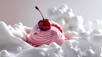 Delicious pink cherry ice cream scoop garnished with fresh red cherry on whipped cream