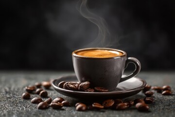 Fototapeta premium Coffee cup and coffee beans on dark background, closeup