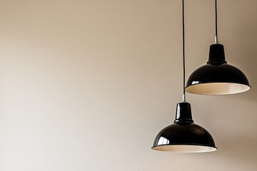 Obraz premium Two black pendant lights against a beige wall