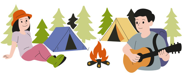 Fototapeta premium Girl sits near a tent and listens to a guy playing the guitar at a campsite against a forest background. White background, flat style, bright colors.