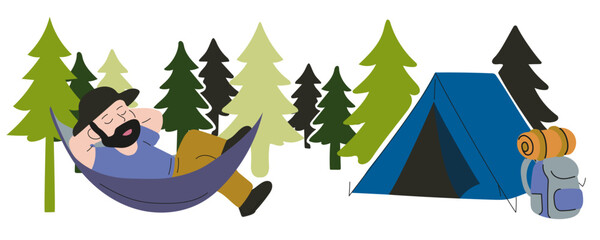 Fototapeta premium Tourist sleeps in hammock with his arms behind his head, with tent and hiking gear nearby. White background, flat style, bright colors.