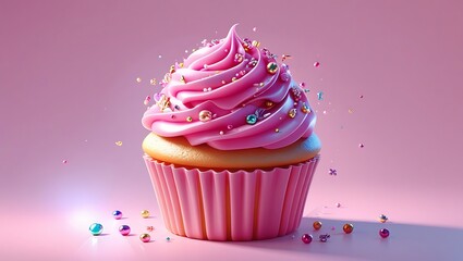 Delicious pink frosted cupcake with sprinkles on a pastel pink background