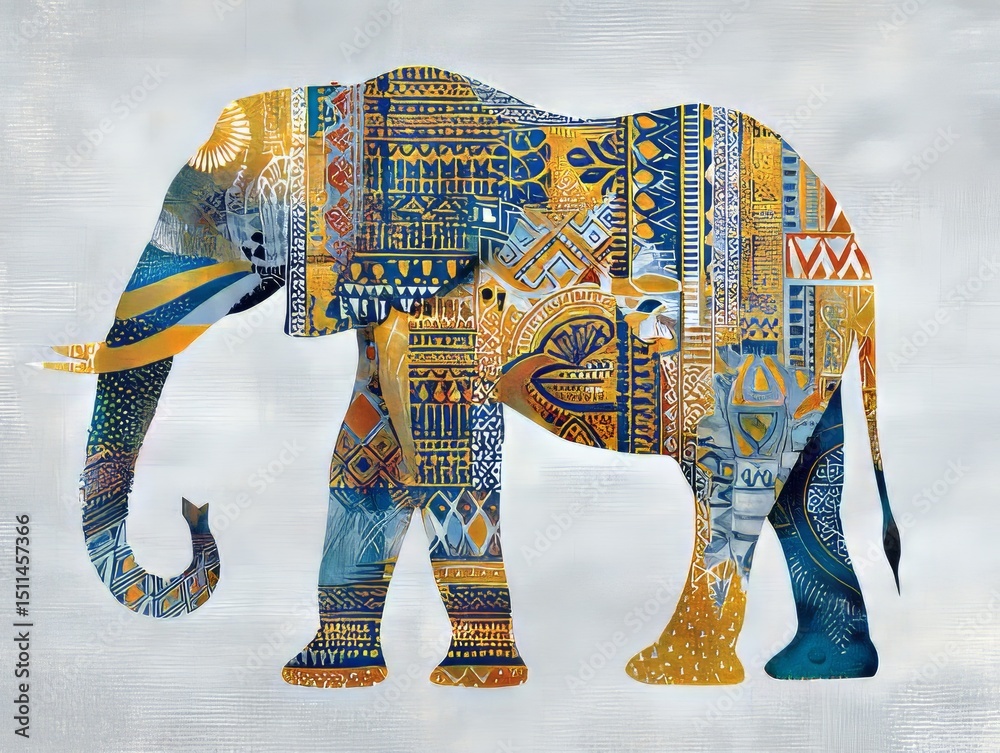 Poster colorful elephant in pointillism style featuring intricate patterns and designs on a light backgroun