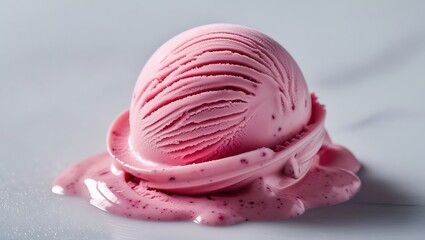 Delicious scoop of pink berry ice cream melting on a cool white surface