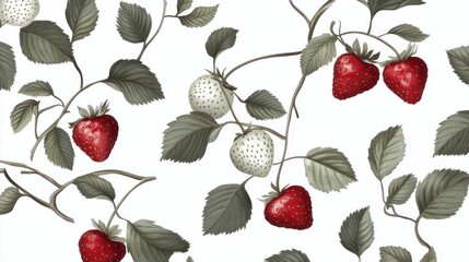 Elegant Strawberry Botanical Illustration: A Seamless Pattern of Red and White Strawberries with Gray-Green Leaves on a White Background