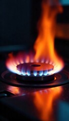 Close-up shot of a vibrant, fiery gas cooker flame burning intensely on a dark stovetop Ideal for illustrating cooking, heat, energy, or danger , bright, culinary, fuel
