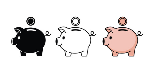 Piggy Bank Icons Set Black White and Pink Variations