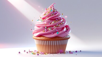 Deliciously decorated pink cupcake topped with colorful sprinkles and decorative elements against a clean background