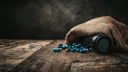 Mysterious Medicine: Blue Pills Spilled from a Burlap Sack on a Rustic Wooden Table