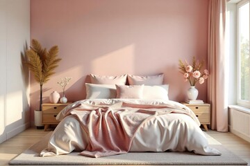 Serene bedroom decorated in calming pastels, featuring soft textures and plush comfort items Perfect for relaxation and self-care Ideal for promoting wellbeing and tranquility , interior, spa