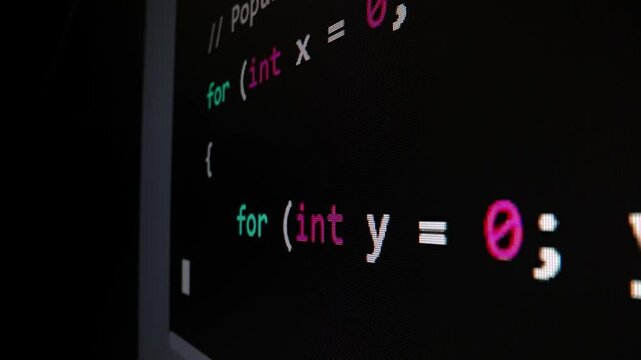 Closeup macro shot movement of coding script moving across LED screen with real-time AI-generated typing, showcasing advanced AI learning in optimization, debug and coding for software development.
