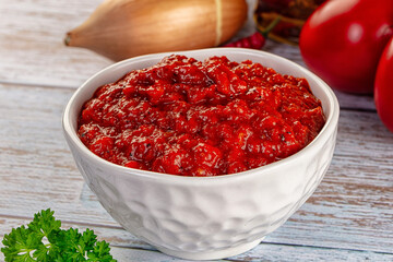 Bulgarian traditional lutenica pepper sauce