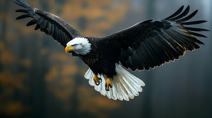 Fototapeta premium Majestic bald eagle soaring through a misty forest.