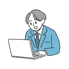 笑顔の男性がパソコン作業するイラスト