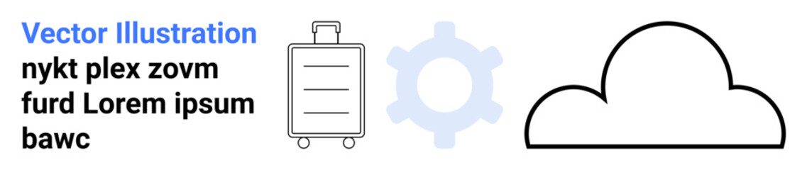 Suitcase outlines travel, gear suggests technology or process, and cloud represents storage, weather, or connection. Ideal for travel, technology, process, planning networking data storage simple