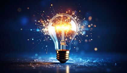 A glowing light bulb sparks creativity and innovation against a dark background, symbolizing bright ideas and inspiration
