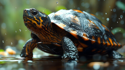 Obraz premium Close-up of a turtle emerging from water.