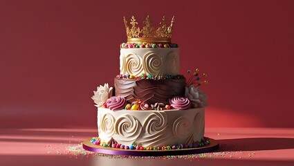 Elegant three tiered cake decorated with crown and floral adornments against red backdrop