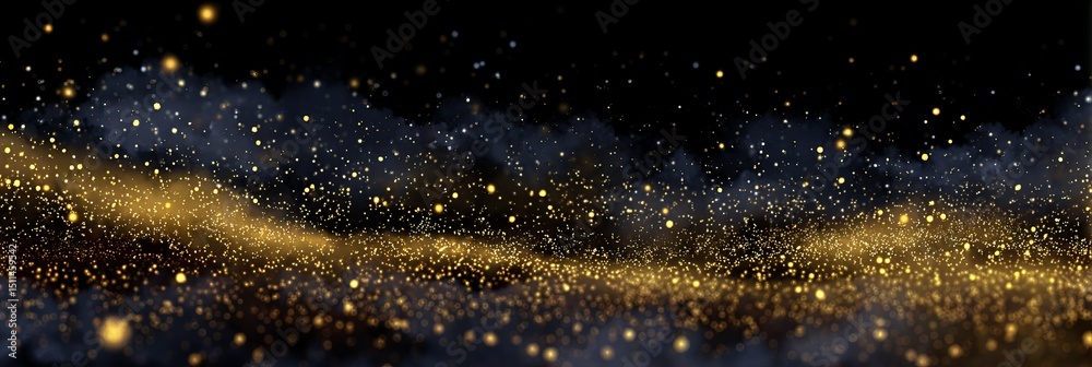 Poster golden sparkles in a dark atmosphere creating a pointillism effect with glowing elements and texture