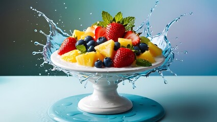 Fresh fruit salad on a white cake stand with water splash for healthy eating