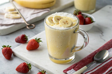 Healthy banana-based drink in a glass, accented by fresh herbs and ripe bananas, against a soft background
