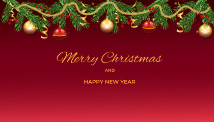 Festive Christmas and New Year greeting card with golden ornaments, fir branches, red background, and elegant typography. Ideal for holiday invitations, banners, and seasonal marketing. 
