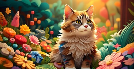 Oriental cat with a colorful butterfly and the fresh garden in quilling paper style.