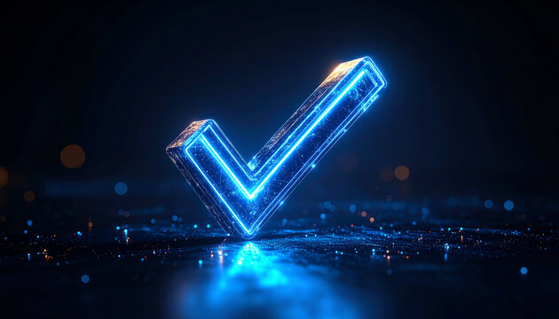 A glowing blue check mark stands out against a dark background, symbolizing approval and confirmation with a futuristic design