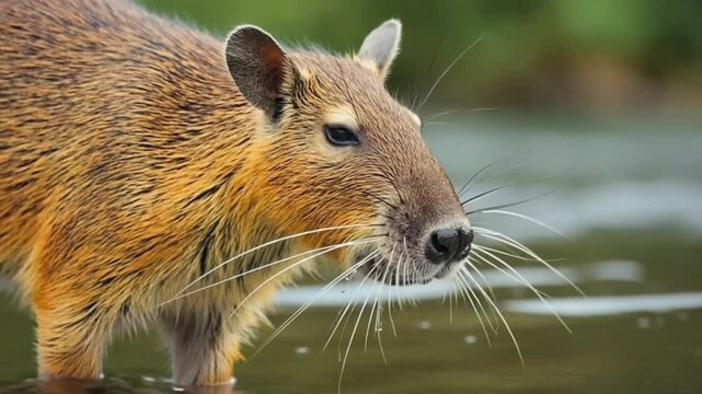 Close-up Portrait of a Red-rumped Agouti Near Water