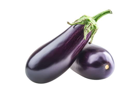 Fresh eggplants with leaves, isolated on white transparent background, concept of healthy eating.