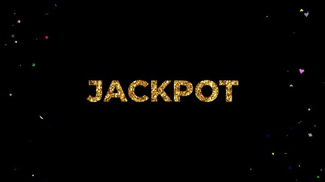JACKPOT text with playing card symbols in different colors exploding sequentially along the edges of the video frame. A winning effect
