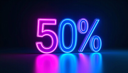 A vibrant neon display shows "50%" against a dark background, suggesting a sale or discount with glowing pink and blue hues