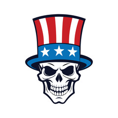skull wearing patriotic top hat illustration isolated on white background.
