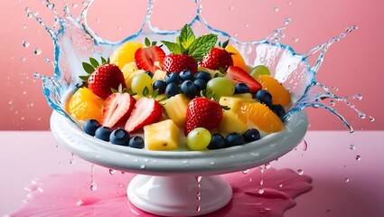 Refreshing fruit salad displaying strawberries blueberries oranges grapes pineapple and water splash