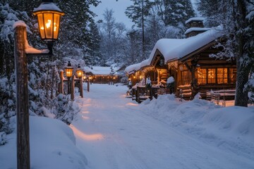 Lanterns glowing along a winding snowy pathway leading to a rustic inn, Generative AI
