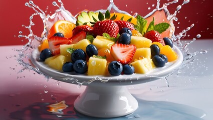 Refreshing fruit salad on a white pedestal dish with a splash of water
