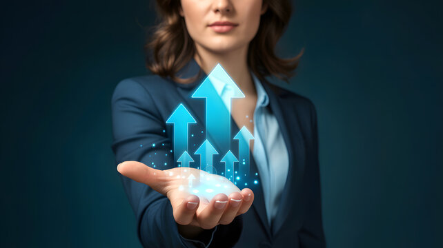 Businesswoman with rising arrows – symbol of strategic success  
